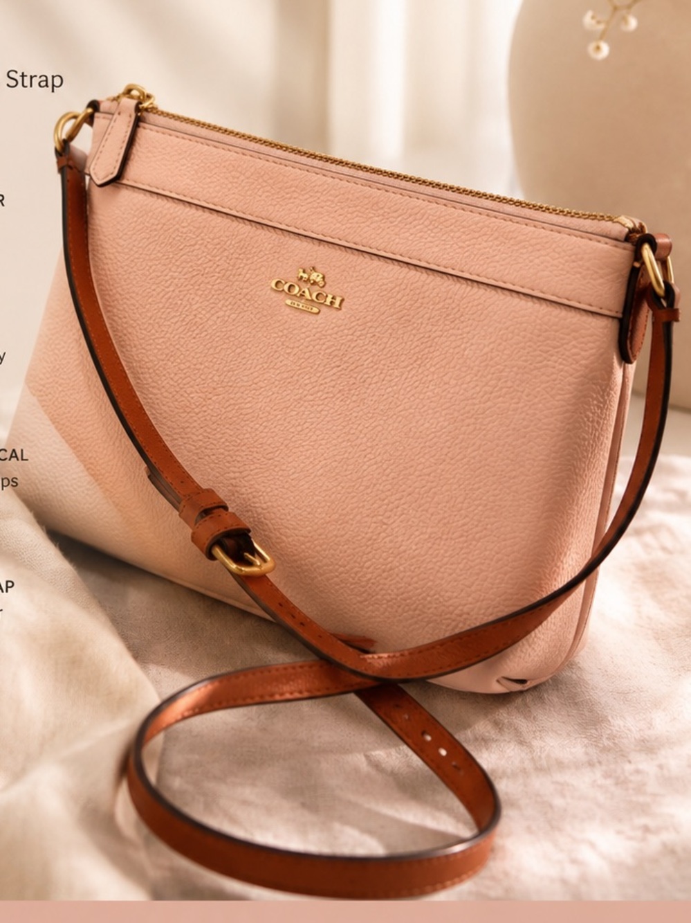 Coach Pink Pebbled Leather Crossbody with Brown Adjustable Strap